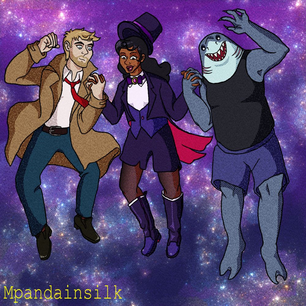 A digital fan art of John Constantine, Zatanna Zatara and King Shark from DC comics holding hands and jumping up in the air with a galaxy background. The characters have a half-tone dots overlay over their cell-shading and the pose is based on a trio leaping reference image by AdorkaStock.