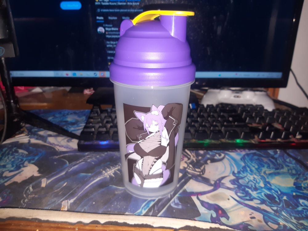 Purple shaker featuring catgirl with big boobs wearing jacket and revealing leotard