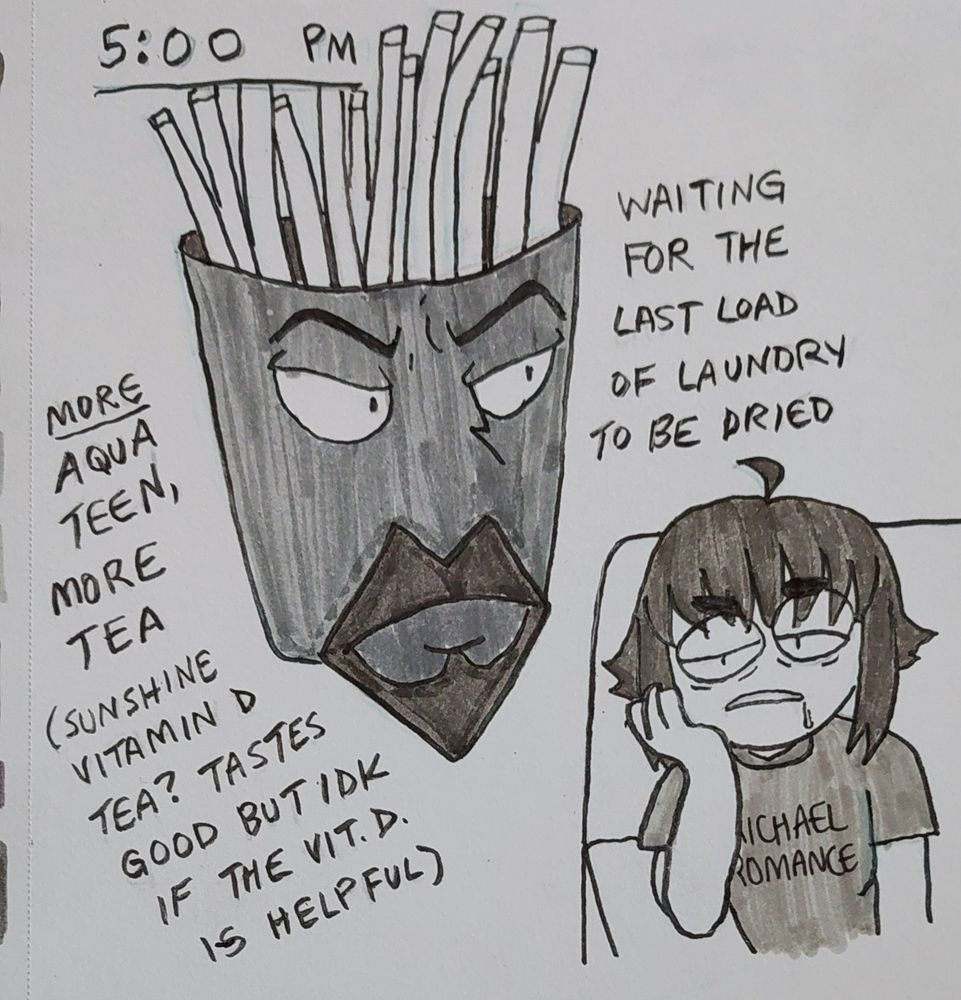A greyscale sketch set - on the left is Frylock from Aqua Teen Hunger Force, and on the right is a white person with dark hair that is long in the front and short in the back. The person is sitting on a couch, holding their head up with one arm with a dazed and sleepy look on their face. They are wearing a shirt that says "Michael Romance", a popular funny name for American rock band "My Chemical Romance".