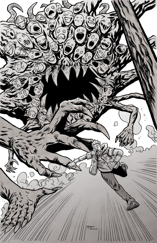 A man getting chased by a giant demonic monster with too many faces, arms, and fingers to count. 