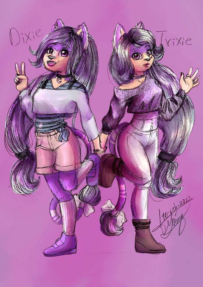 Digital colored sketch of two female cat-looking furry characters, both teens and very cheerful, with really long hair. The left one is called Dixie and the right one, Trixie.