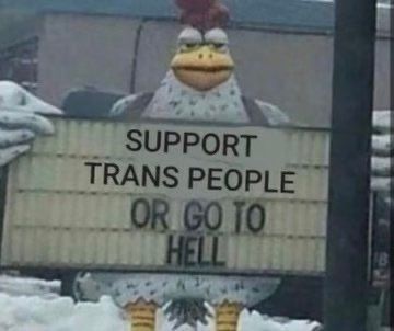 Angry/threatening chicken holds a marquee sign that reads

SUPPORT
TRANS PEOPLE
OR GO TO
HELL