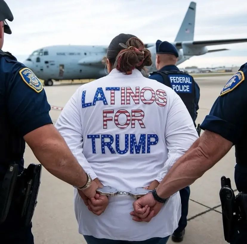 Uma imigrante latina sendo presa pela polícia federal estadunidense. A prisioneira veste uma blusa com os dizeres: "Latinos For Trump" - Latinos por Trump, em português.