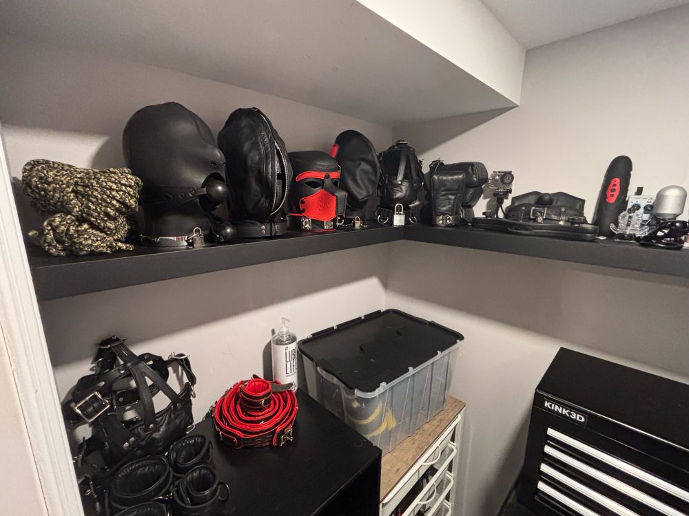 Photo of bondage gear (hoods, cuffs, muzzles, gags etc.) organized neatly on a shelf in a closet.