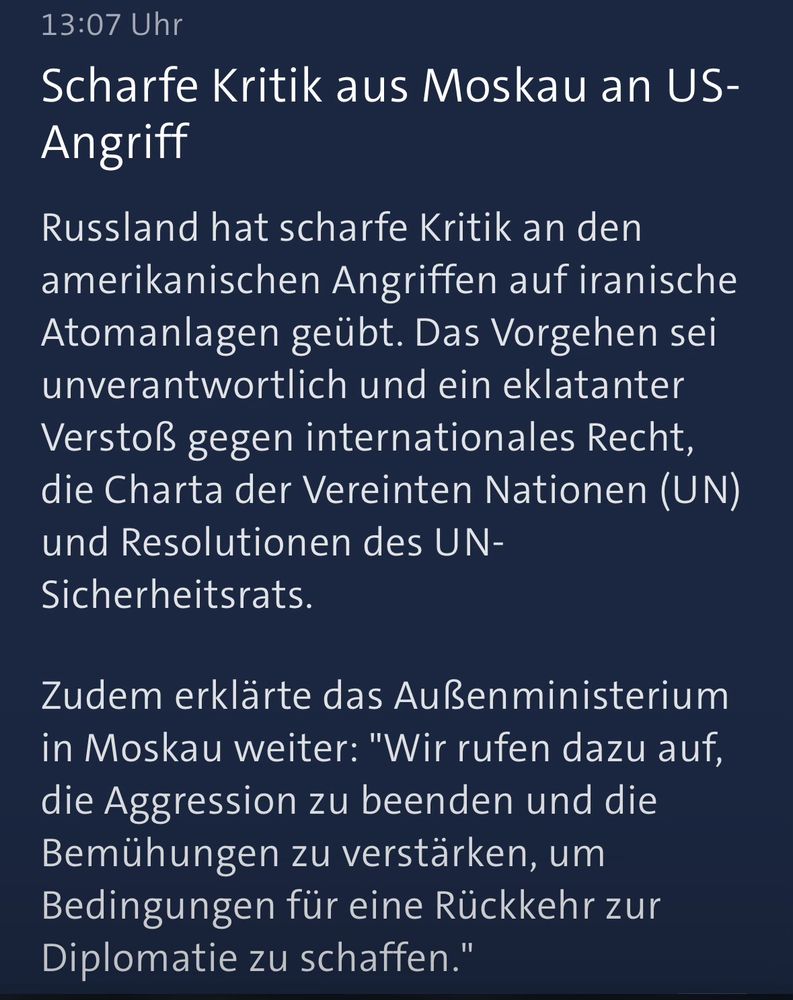 Klare Kritik aus Moskau an den Angriffen der Amerikaner auf den Iran. Moskau ruft dazu auf, die Aggression zu beenden und die Bemühungen zu verstärken, um Bedingungen für eine Rückkerhr zur Diplomatie zu schaffen.
