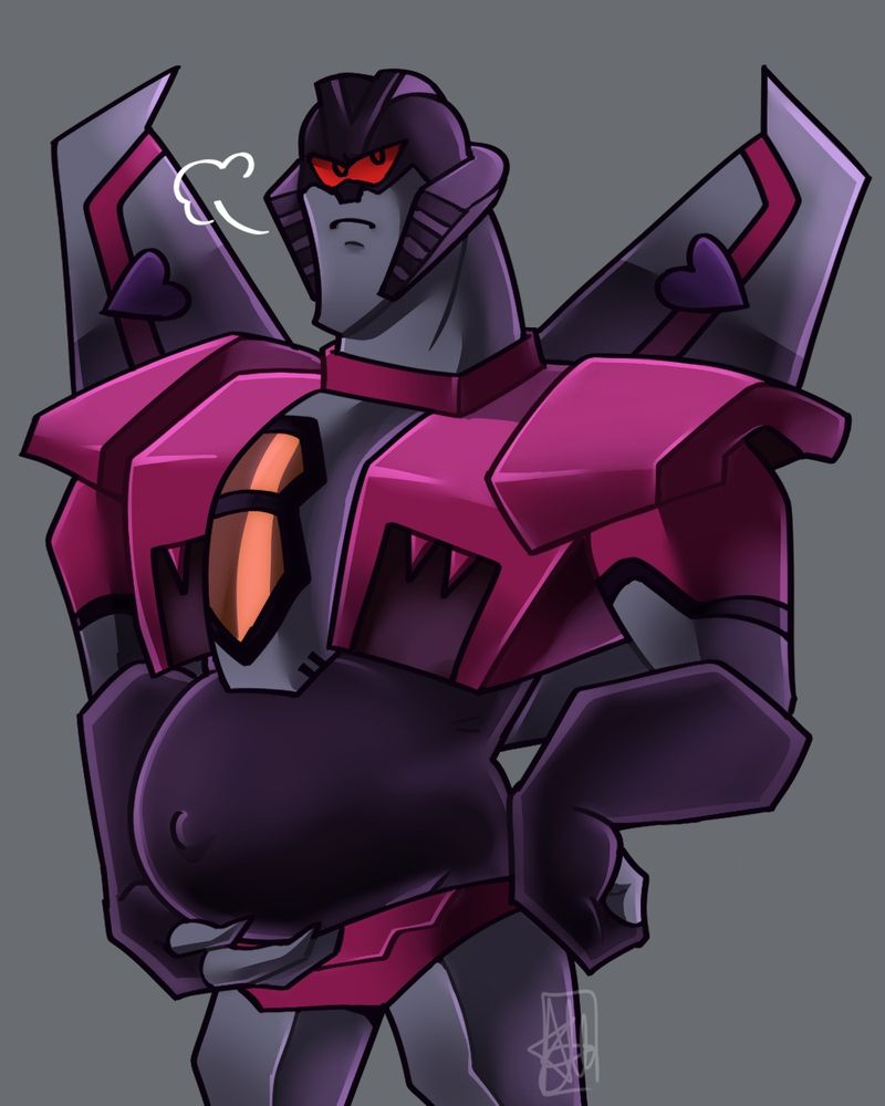 A very pregnant Starscream, carrying Megatron's sparklings. 