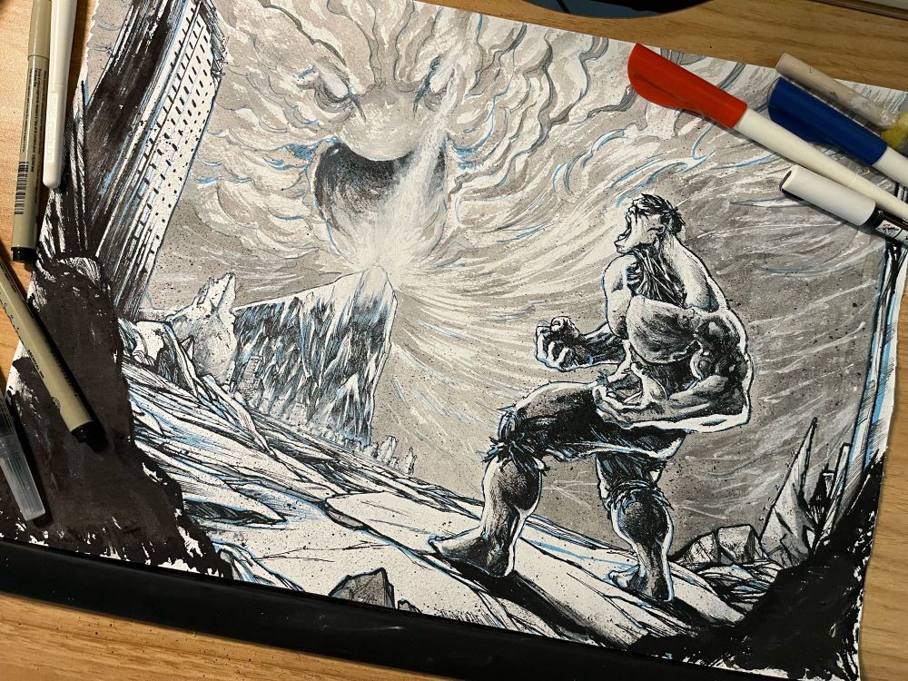 A drawing made in ink, ecoline and correction pen and depicts a scene from “The Immortal Hulk” comic book series. The jade giant is in the Below-place, while in the distance looms the essence of the entity known as “the One below all”.