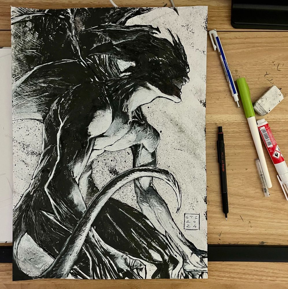 Devilman, black and white, drawing