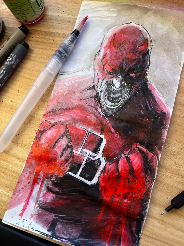 Sketch of Marvel’s character Daredevil, made with ink, watercolor and acrylic paint.