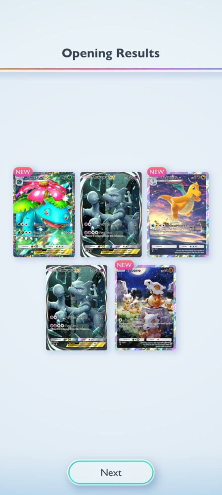 A screenshot of the Pokémon TCG Pocket app showing the results of an opened pack. The cards shown are all of Star quality of higher. There are two Mewtwo ex cards (⭐⭐⭐), a Venusaur ex card, (⭐⭐), and a Cubone and Dragonite card (⭐). 