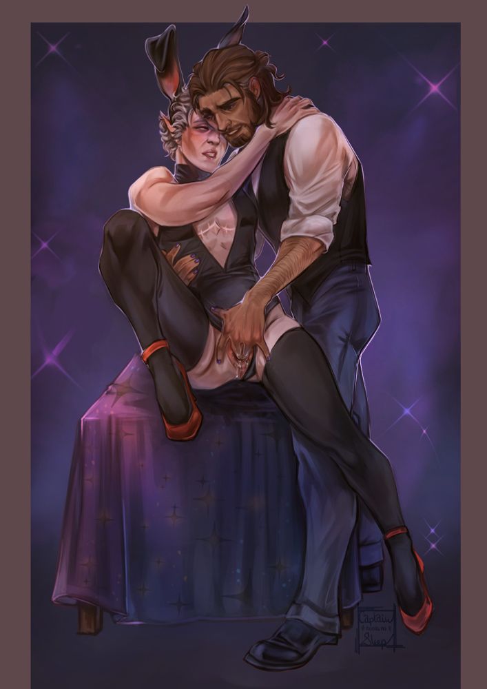 Astarion in a bunny outfit and red high heels, planted with his ass on a desk - and Gale, in vest and white shirt with rolled up sleeves (look, this artist is horny, ok?), fingering Astarion who holds onto Gale for dear life.
Happy Bunny Day, I guess? ;)