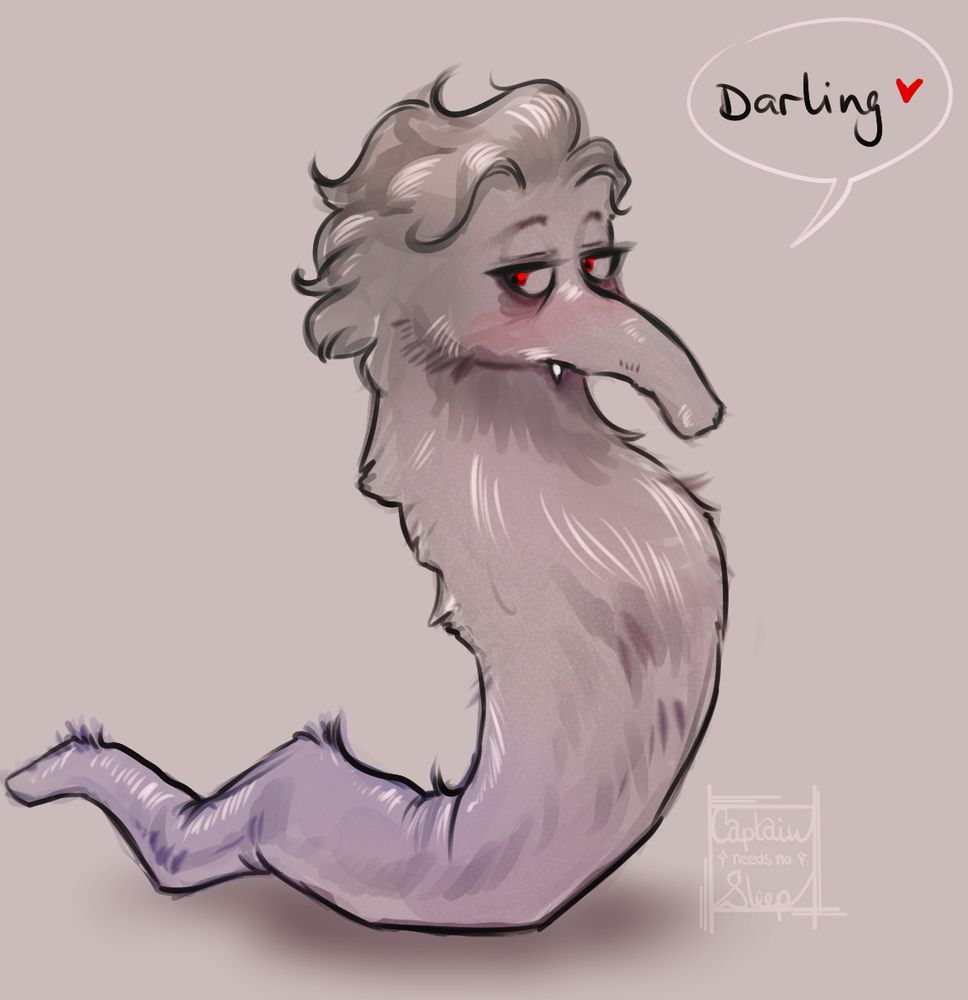Concept of Wormstarion - a white worm on a string sans the string. With his characteristic hair, half-closed, seductive red eyes and one tiny fang. He's saying "Darling" with a red heart.
