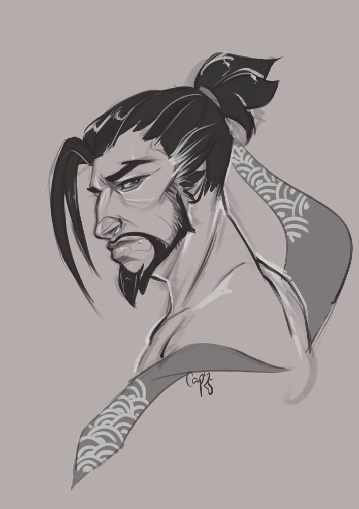 black and white sketch picturing the side profile bust of Hanzo Shimada from overwatch.