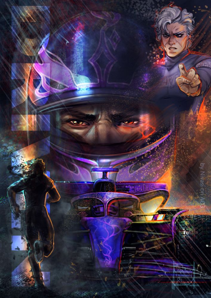 Digital illustration resembling a movie poster for the bloodweave fanfiction Driven by Nivasi on AO3. 
In the middle is a close up of Gale's face in the Helmet, eyes squinted and looking directly at the viewer. Right top is a smaller image of Astarion pointing at someone and being very angry (so angry in fact he looks a bit cross-eyed).
Under Gale's portrait is the weave race car in front view, partly hidden by the silhouette of someone running towards it in the rain. 
If you know, you know. 