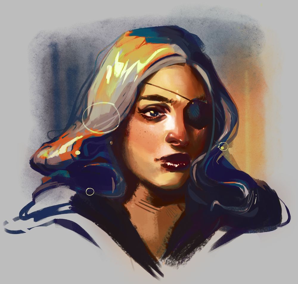 portrait of a woman with an eyepatch looking to the right