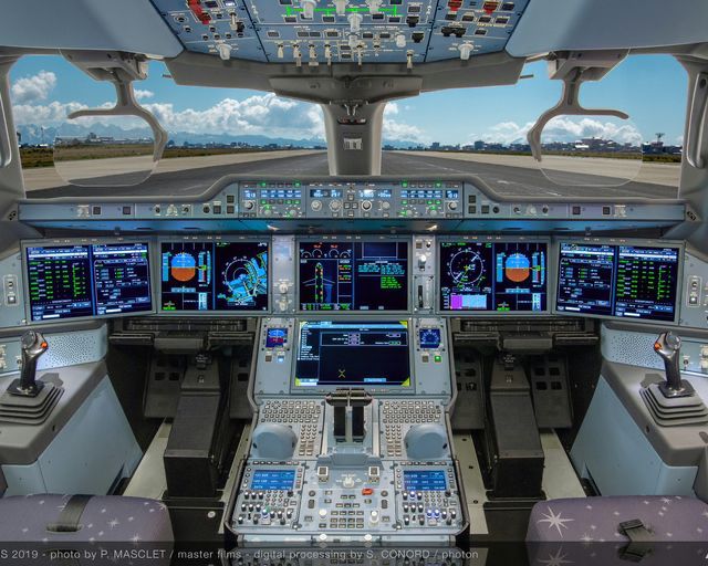 The cockpit of an Airbus A350. Tactical view to fly an aircraft following a well understood process.