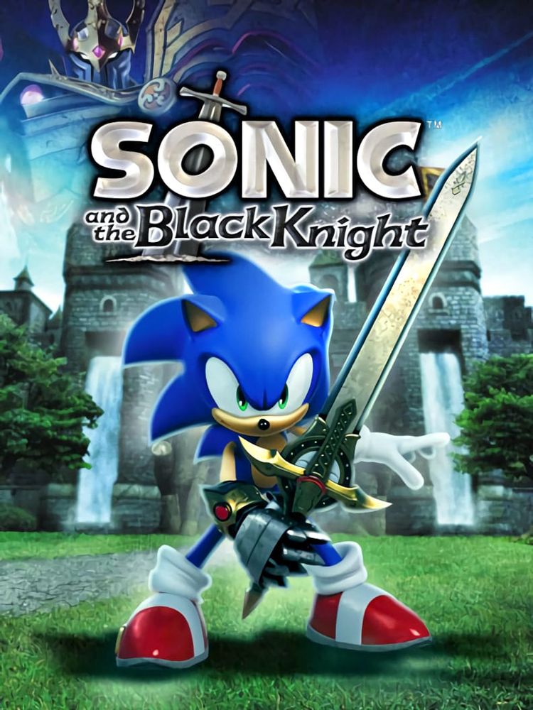 cover art for Sonic and the Black Knight where sonic is holding a bigass sword in front of a castle