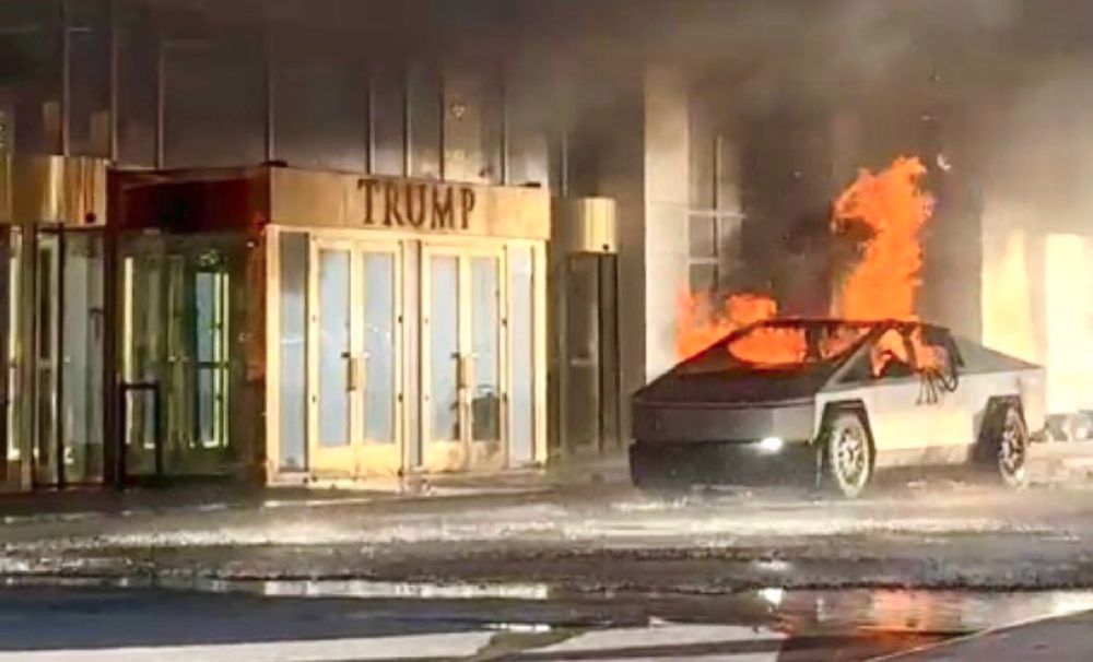 cybertruck on fire outside of trump tower