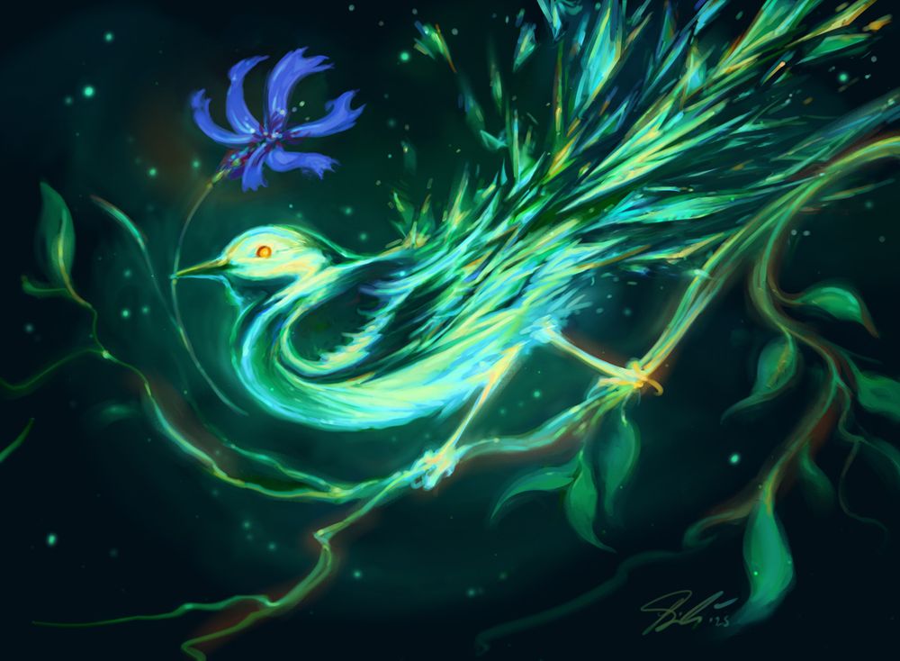 A digital painting of a partially geometric wagtail holding a cornflower in cyberspace. It's perched on the branch of a twisty, delicate tree.