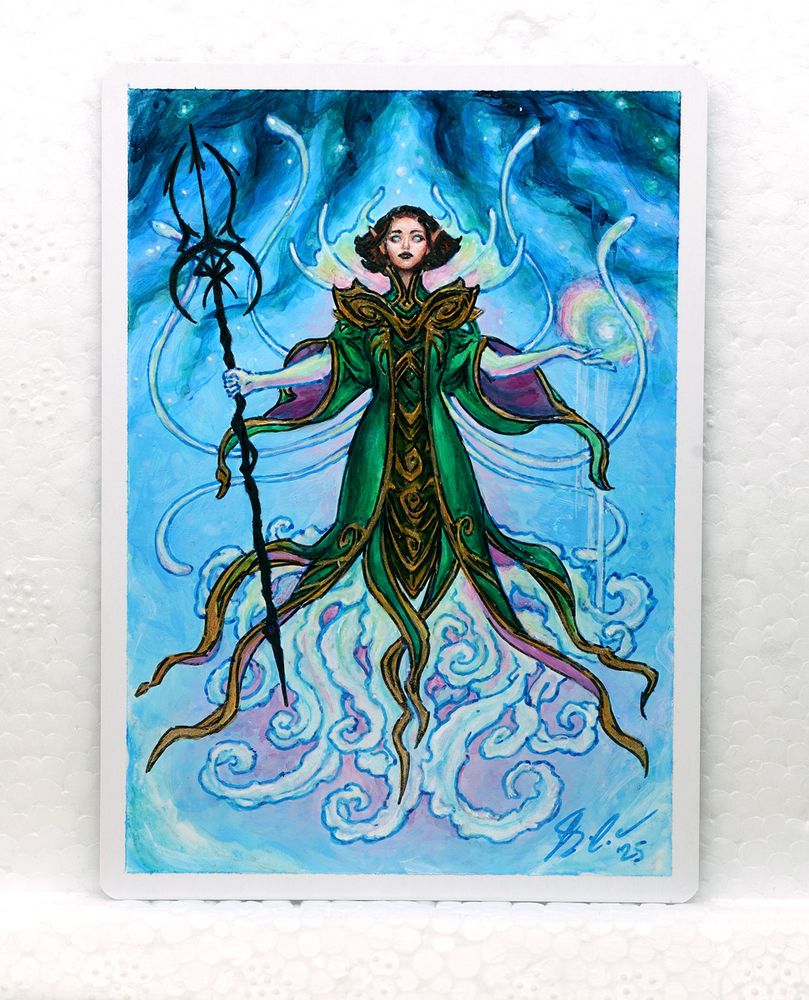 A photo of a Magic card sized painting of Vannifar - she's an elven mage who's magicked herself into a part jellyfish. Here she is holding her staff and floating in front of a starry background.