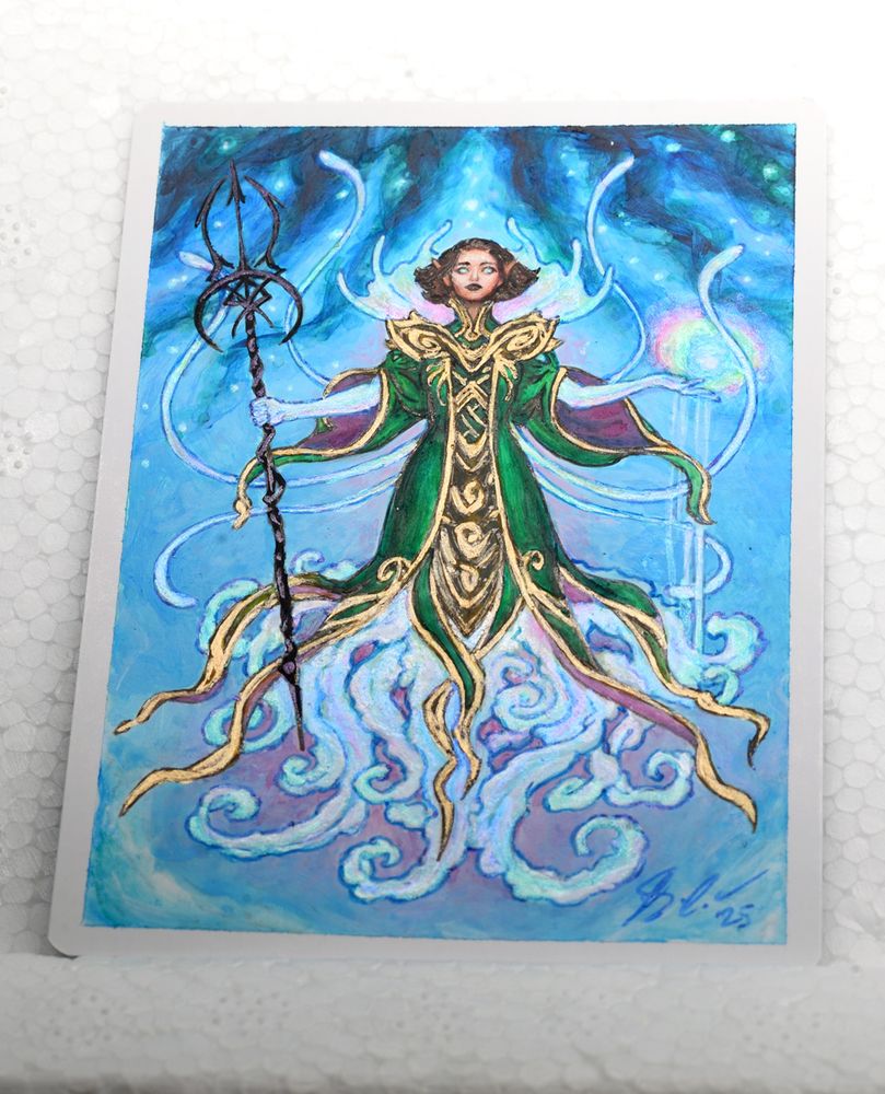 Same painting, but tilted to show the effect paints - the gold trim on her costume is painted with gold, and all the jellyfishy parts are iridescent. I painted her facial tattoos with green interference paint, too, but they're so very tiny it's very hard to see them here.