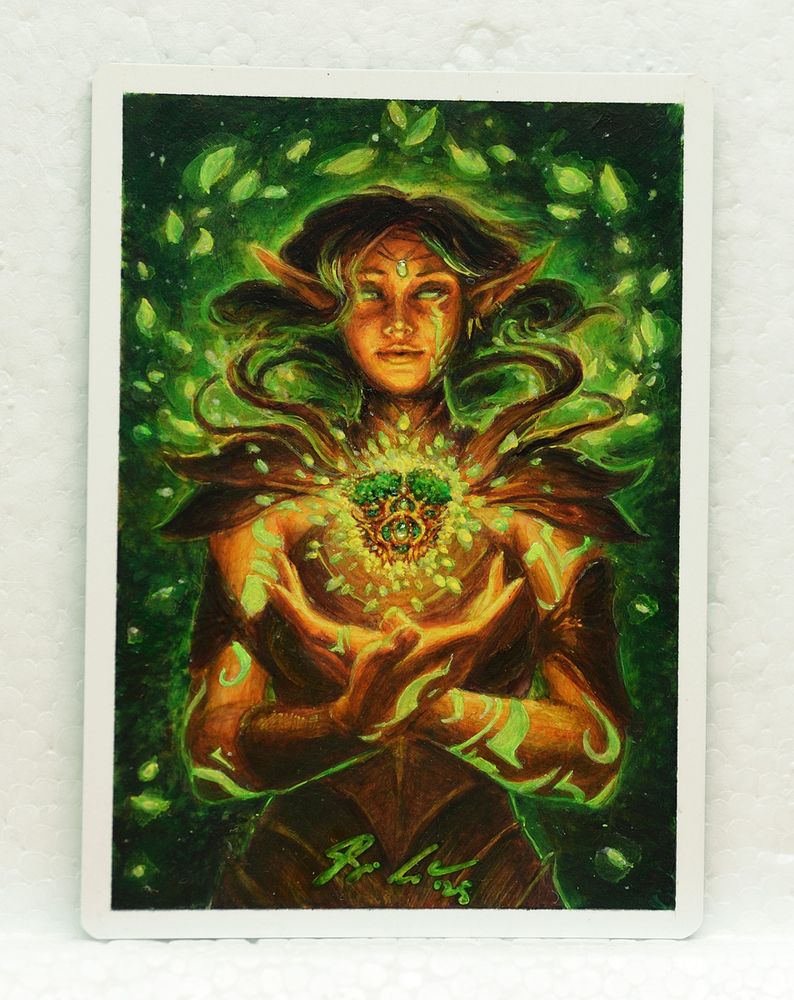A painting of Marwyn (an elven Magic: The Gathering character) casting the spell associated with Archdruid's Charm. It's done in acrylics and is on the back of an AC artist proof, so it's the size of a regular Magic card.