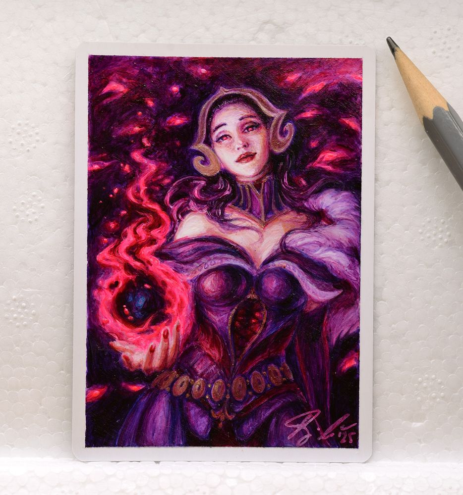 A painting of Liliana from Magic: The Gathering on the back of a MTG artist proof card. She's holding a dark spell and looking at the viewer seductively (as is tradition when holding dark spells). The background behind her is dark except for a lot of bright pink accents that look an awful lot like eyes.