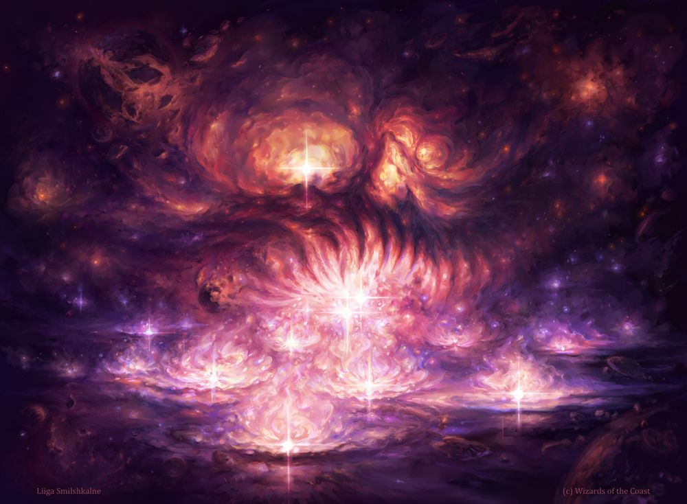 A digital painting of a "Swamp" in space. This one's about stars gone nova drifting towards oblivion like a bunch of waterlilies of explosive death.