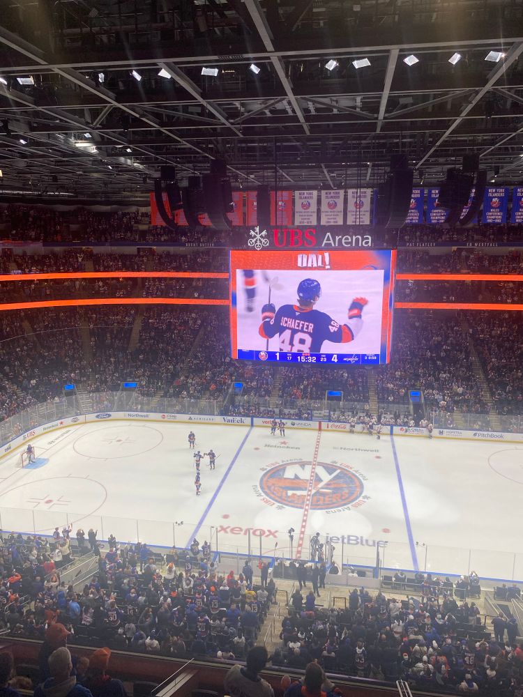 Schaefer celebrating his first NHL goal