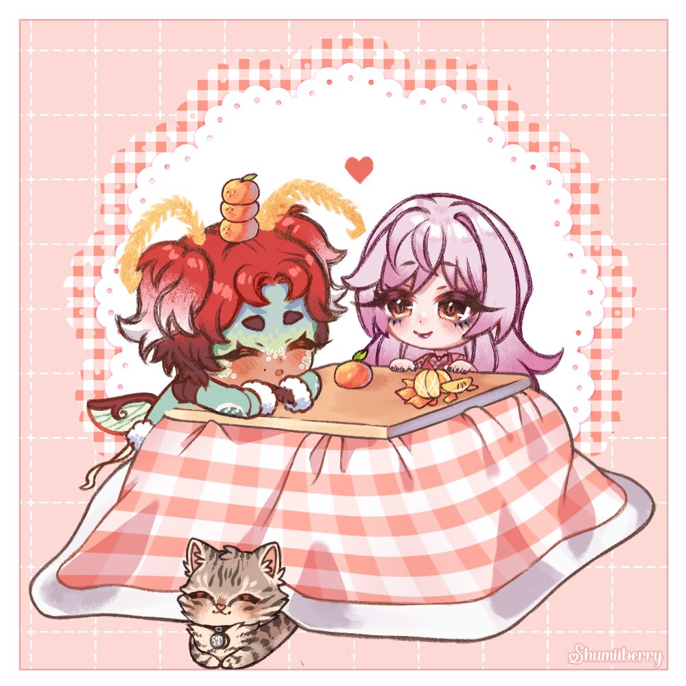 Mori and Xerphant sitting at a table, Mori is asleep and Xerphant has stacked oranges on her head