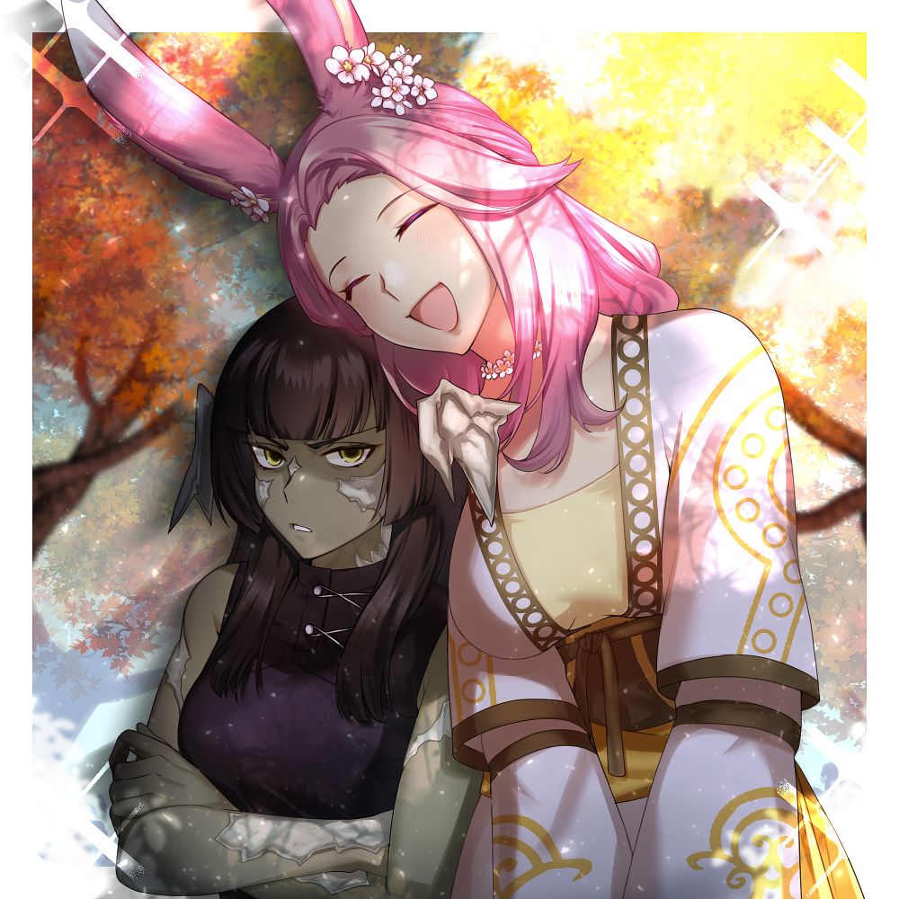 Seika, a short green Au Ra, and Demi, a tall pink-haired Viera, walking in the forest. Demi is leaning against Seika happily, and Seika is responding with irritation.
