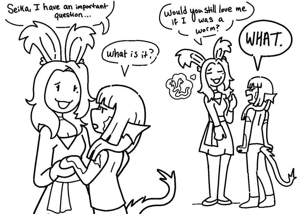 Demi (Viera) asks Seika (Au Ra) whether she would love her if she was a worm. Seika is not amused.