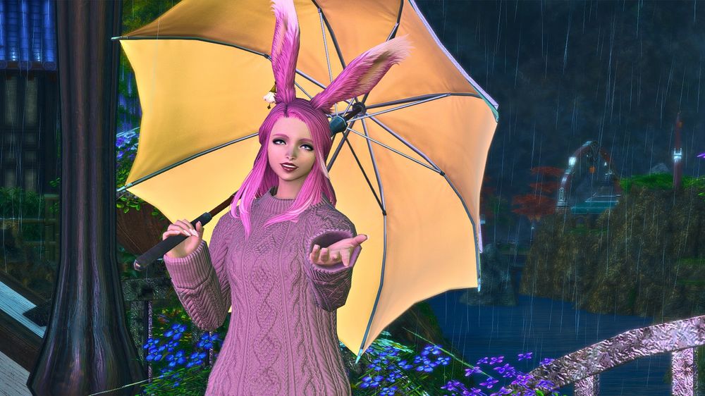 Demi the Viera standing in the rain with an umbrella offering her hand to the viewer.