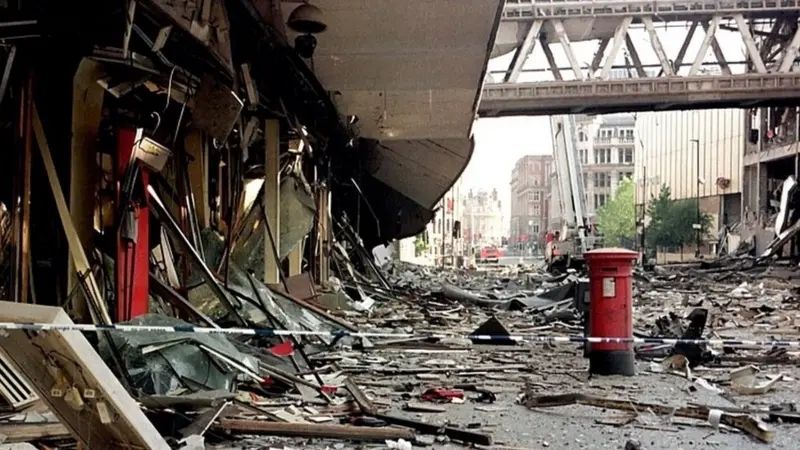 The aftermath of The IRA bomb that detonated in Manchester on 15th June 1996