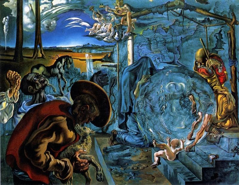 "Geopoliticus Child Watching the Birth of the New Man", also known as "Birth of a New World," by Salvador Dalí, created in 1943. It depicts a man emerging from an egg, symbolizing the birth of a new human or a new world. The eggshell has continents painted on it, referencing the geopolitical landscape of World War II. A child and an adult woman observe this event, representing innocence and the old guard, respectively. The painting's surreal style and stark, contrasting palette enhance its profound and complex narrative. A key element is the figure emerging from the egg, which is seen as a symbol of change and a new beginning. The child's presence suggests the future and the transformation process. The adult figure watching can be interpreted as either astonishment or guidance. The painting is a reflection of the political turmoil of the time and a vision of a new, perfect world. 

Emergence of a New Order:
The man breaking from the egg symbolizes the birth of a new nation, possibly America, and a global transformation. This suggests the decline of Europe as a global power and the rise of the Third World. 
Symbolism:
The egg represents the placenta of the new nation, while the man's emergence signifies a painful birth. 
Geopolitical Shift:
The painting reflects a shift in global power dynamics, with the child representing the old world and the man representing the new. 
Surrealism:
The painting is a prime example of Dalí's surrealist style, blending dreamlike imagery with psychoanalytic ideas. 
Personal Interpretation:
Dalí's notes on the painting mention concepts such as parachute, protection, and earthly distortion, suggesting a deeper, more personal meaning. 