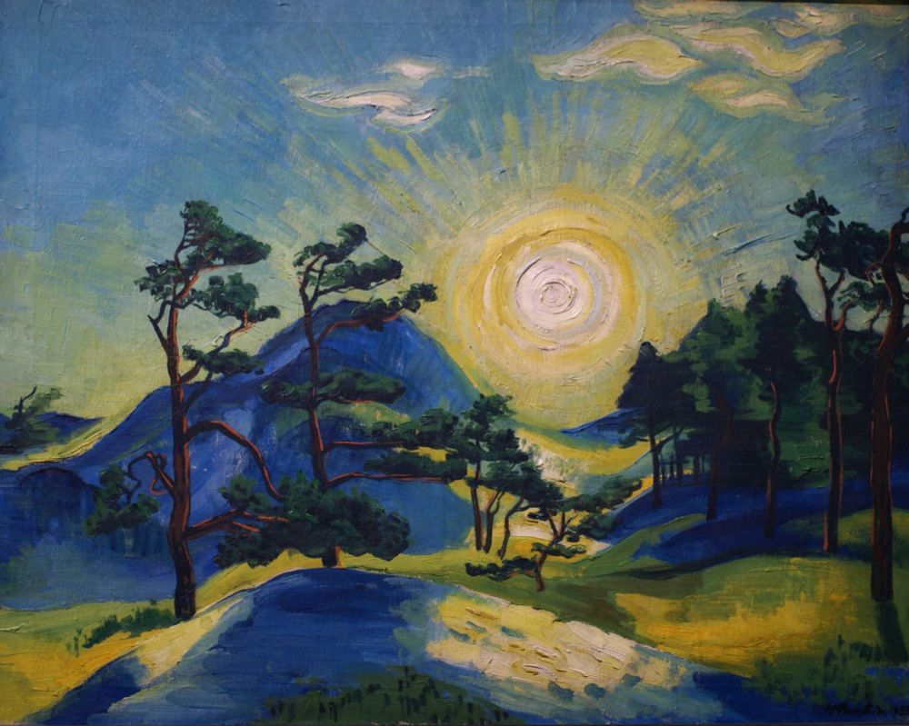 "Rising Sun" by Max Pechstein, created in 1933. It depicts a vibrant landscape with a prominent sun radiating light, a blue mountain in the background, and trees. The style is characterized by bold brushstrokes and vivid colors, typical of Pechstein's expressionist approach. The painting is known for its striking composition and use of color to convey a sense of energy and light. 
The painting captures a vibrant sunrise scene with a radiant yellow sun dominating the sky. The landscape features rolling hills, trees, and a path, all rendered with bold colors and expressive brushstrokes. Pechstein's use of color and form aims to convey the feeling of the scene rather than a realistic depiction. 
Pechstein painted "Rising Sun" during a time when he was seeking refuge from the political turmoil in Germany, finding inspiration in the simple life of fishermen and the beauty of nature. He expressed that the sight of the morning sun rising through the mist deeply moved him. This painting is considered a pictorial expression of these sentiments. 
The painting is part of the German Expressionism movement, which emphasized emotional experience over objective reality. Pechstein, along with other Expressionist artists, used color to communicate feelings and reactions to the world around them. 