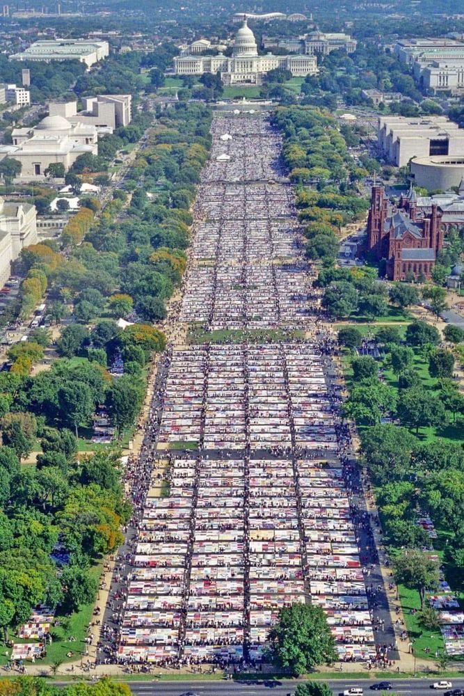 The image shows the NAMES Project AIDS Memorial Quilt on display on the National Mall in Washington D.C. in October 1996. This particular display, from October 11-13, 1996, was the last time the entire quilt was shown in its entirety, covering the vast expanse of the National Mall from the Washington Monument towards the U.S. Capitol. It featured over 40,000 panels and drew approximately 1.2 million visitors. 