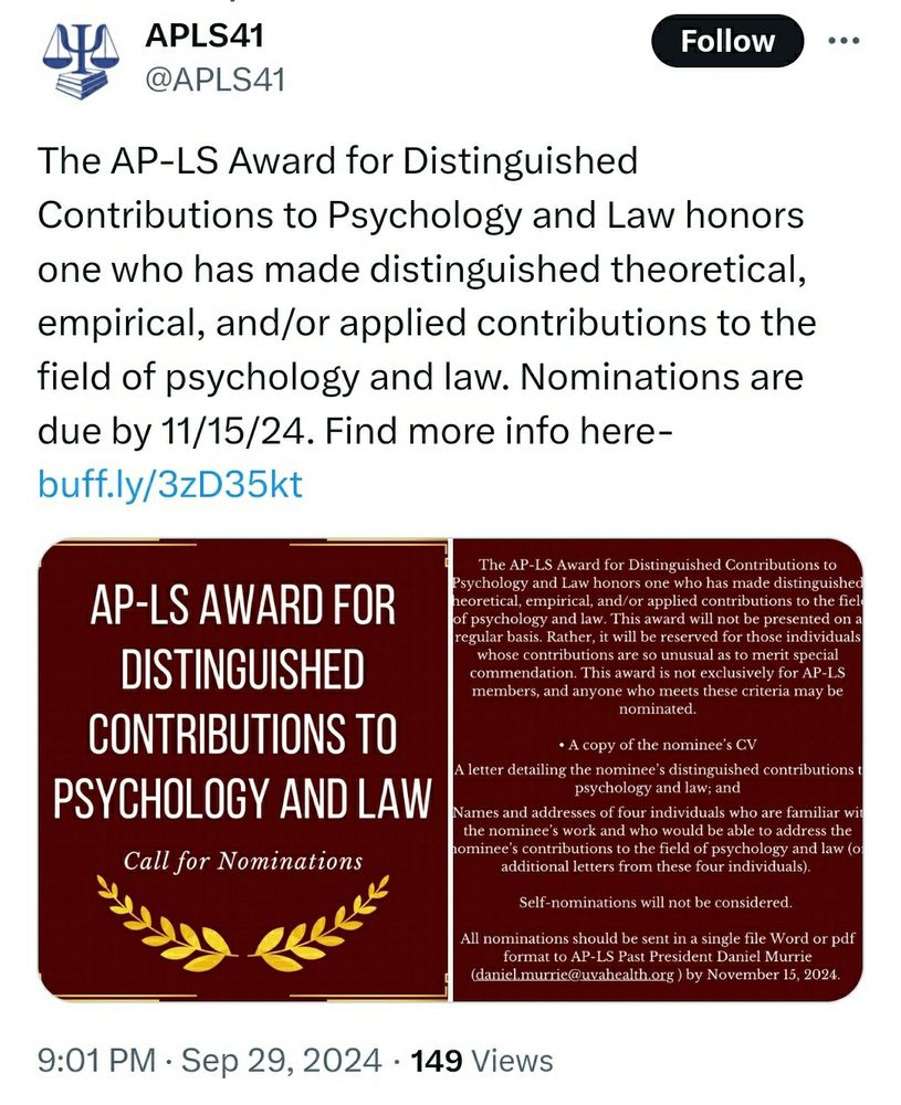 Information on AP-LS Award for Distinguished Contributions to Psychology and Law.. link for info is https://buff.ly/3zD35kt