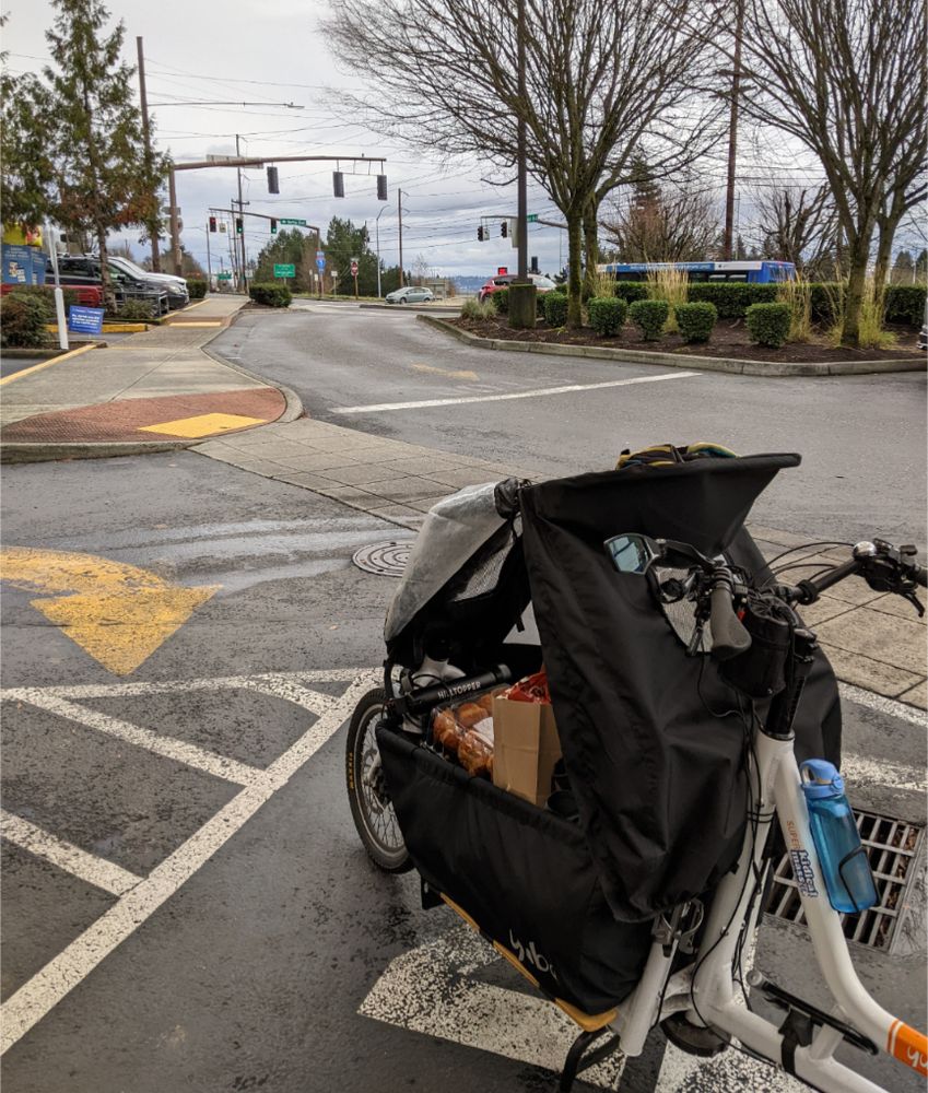 Bike full of groceries, stroad, freeway ramps, trimet bus, trees without leaves, cloudy, no mountain