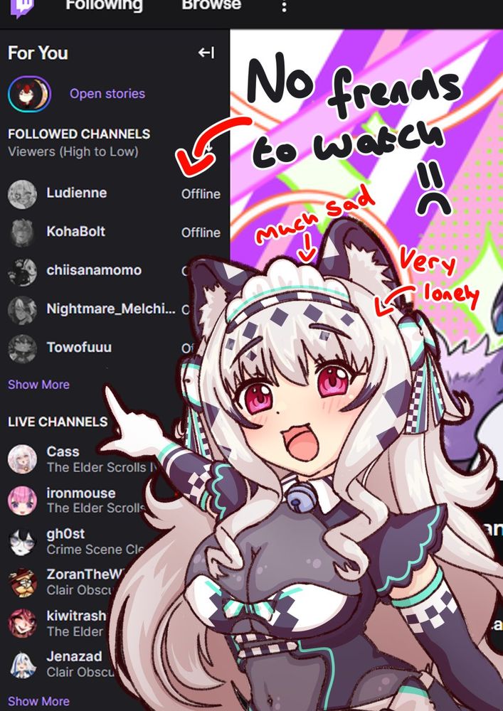 VTuber Miraclaw points at an empty Twitch list.