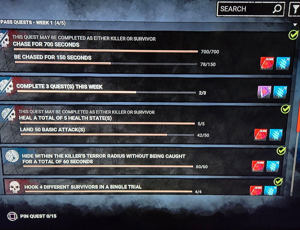 Shows the new quest screen on Dead By Daylight. There are five quests. All are completed except for the one that says "Complefe 3 quests this week." Which should also be done, considering 4 quests are completed.