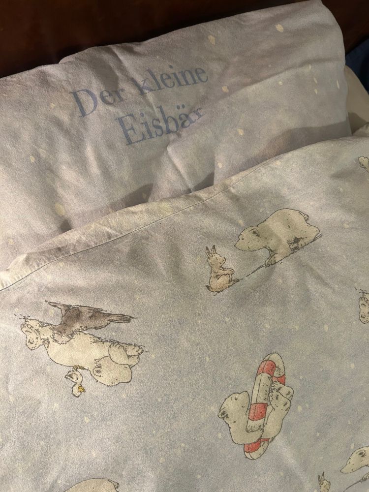 A pillow and duvet with pictures of a little polar bear. 