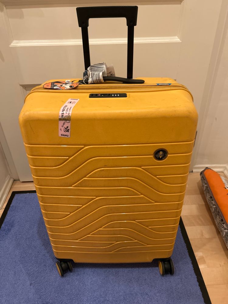 A large yellow suitcase standing in front of an entrance door. The color gave her the nickname Bananas. 🍌 