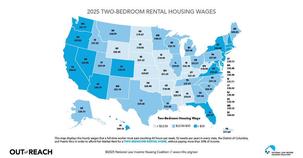 US map separated by state and showing the two-bedroom rental housing wages