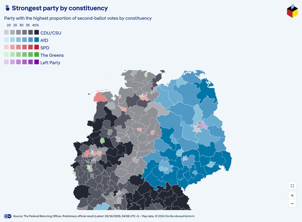 Partial image of german election results showing that urban areas regularly have stronger turnout for left-wing parties, even deep in an AfD dominated east germany.