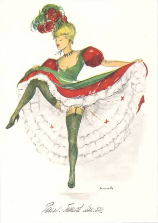 Old French illustration of a cancan girl with beautiful plumage on her head