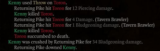 Screenshot of combat log text from Baldur's Gate 3 where a magical weapon that returns after throwing is bludgeoning my character to death when it returns.