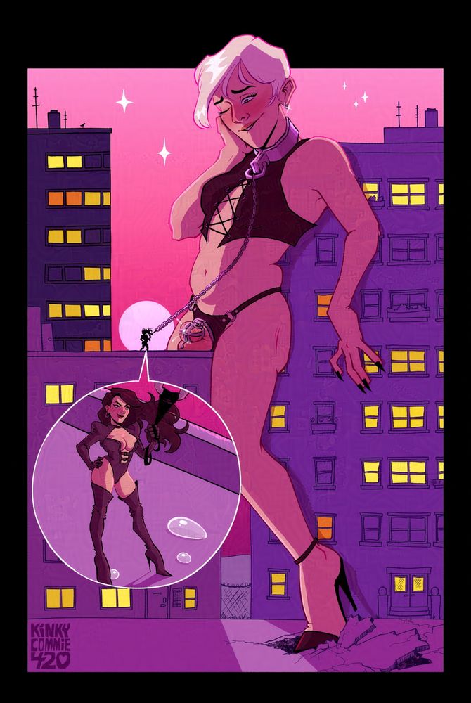 Digital illustration, mostly pinks and purples. A giantess is leaning against a large building- that still only comes up to her shoulders- as she looks down at her normal sized dom, standing on the roof of a smaller building and holding a giant chain leash that attaches to the giantess's metal collar. The giantess is white with short, platinum blond hair and wearing leather BDSM lingerie, chic heels, and a cock cage. Her caged cock is leaking pre. She's squeezed between the two buildings and bracing herself against the larger one with her hand (her nails are long, black, and pointy), and looking at her little dominatrix with love and excitement, one hand on her cheek, and biting her lip. The dom is just a black silhouette framed by the moon, but there's a little pop-out panel showing her close up. The dom is white with long, wavy black hair that flows in the wind, and is wearing the kind of fit a Sailor Moon villain would wear: thigh-high leather high heel boots, a black, leather, strapless unitard with a boob cutout down the middle with a few buckled straps, and a... idk what these are called but you know those cute crop tops that only cover the arms and like your collar bone? one of those, also black leather, that also covers her hands like gloves, and it has big poofy-pointy shoulders, and it actually doesn't even cover the collar bone, it's just a collar connecting the two sleeves. She's standing confidently with her hip out and one hand on it, the other hand holding the leash, as she looks up at her sub with devious mischief in her eyes and smiles.  Several windows' lights are on, and The giantess fucked up the pavement below, it's all cracked and some slabs under her foot are coming up. 