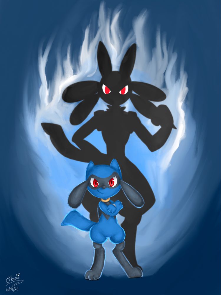 Lucario shadow behind riolu with aura