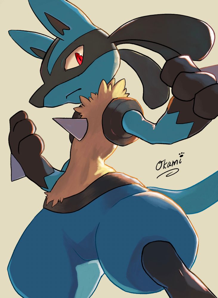 Lucario from Pokémon looking down at viewer
